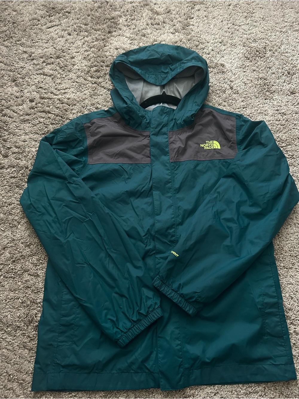 The North Face Teal Hooded Rain Jacket with Gray Shoulder Panels- Boys L
